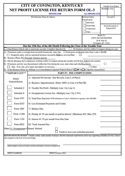 Net Profit License Fee Return Form Ol-3 - City Of Covington, Kentucky Printable pdf