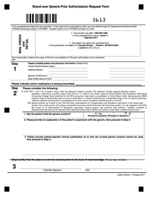 Fillable Form 5613 - Brand Over Generic Prior Authorization Request Form (Prescriptions Filled Through The Department Of Defense) Printable pdf