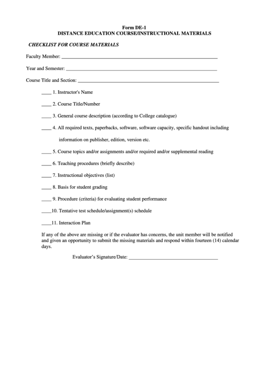 Course Materials Checklist Template Printable pdf