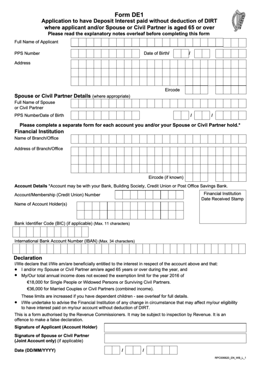 Form De1 - Application To Have Deposit Interest Paid Without Deduction Of Dirt - 2016 Printable pdf
