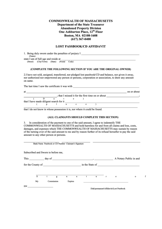 Lost Passbook/cd Affidavit Form - Department Of The State Treasurer Printable pdf
