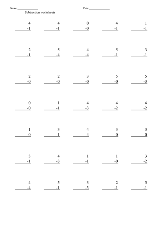 Subtraction 0-5 Worksheet printable pdf download