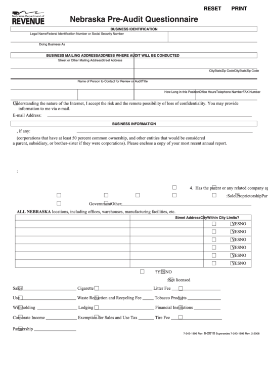 Nebraska Pre-audit Questionnaire Form
