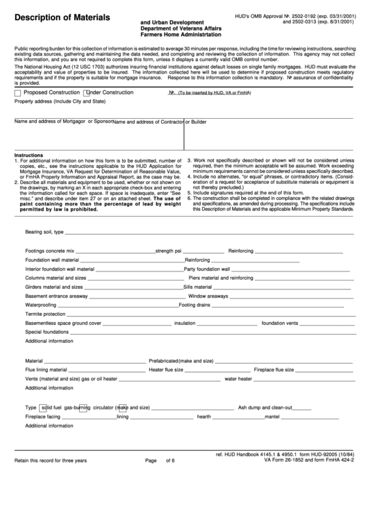 Description Of Materials Template - Department Of Veterans Affairs Farmers Home Administrtation
