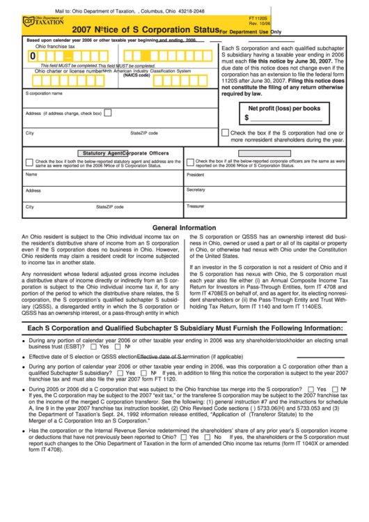 2007 Notice Of S Corporation Status Form - Ohio printable pdf download