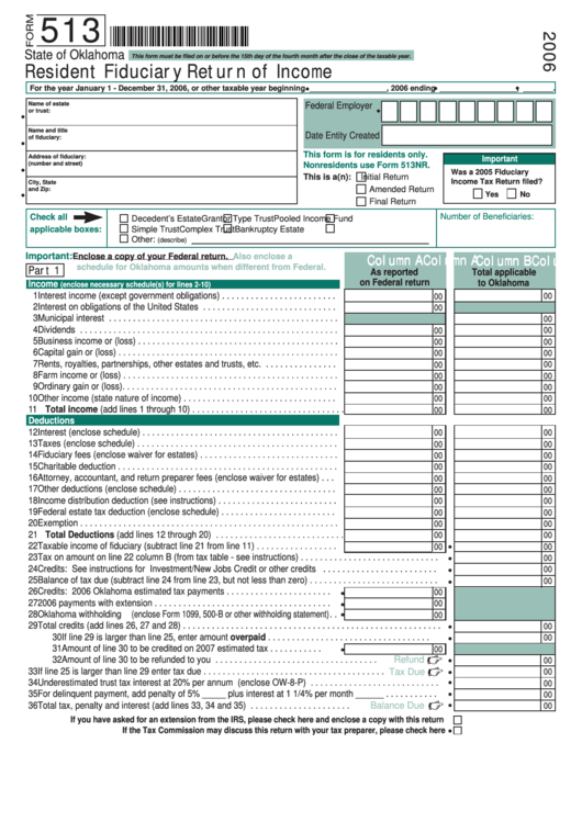 Fillable Form 513 - Resident Fiduciary Return Of Income - 2006 ...