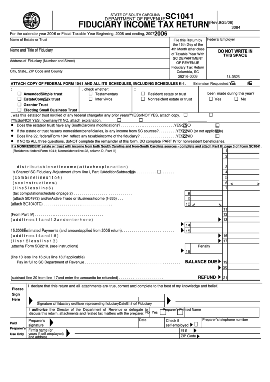 Form Sc1041 - Fiduciary Income Tax Return - 2006 Printable pdf