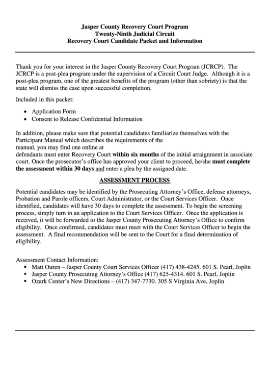 Jasper County Recovery Court Application Form Printable pdf