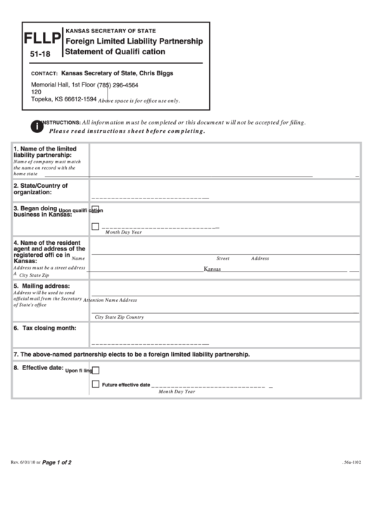 Form Fllp 51-18 - Foreign Limited Liability Partnership Statement Of Qualification - Kansas Printable pdf