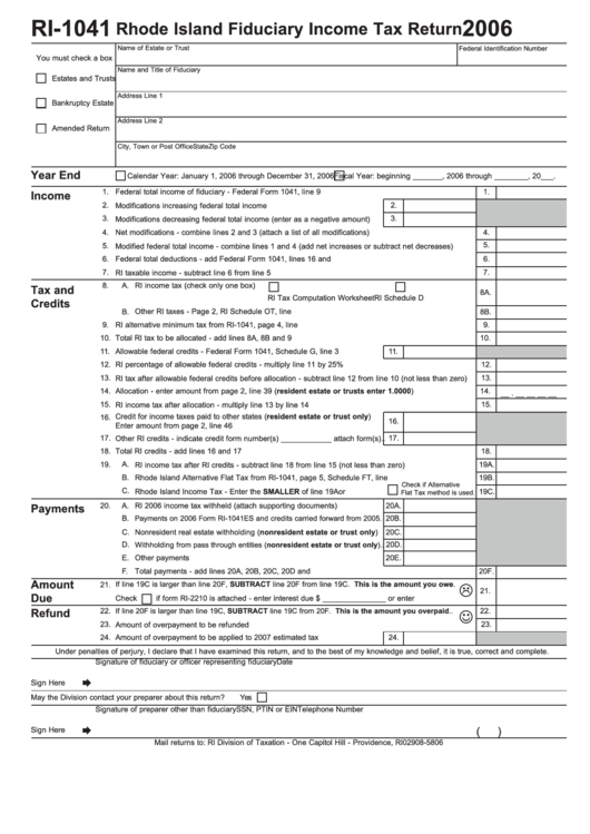 Form Ri-1041 - Rhode Island Fiduciary Income Tax Return - 2006 Printable pdf