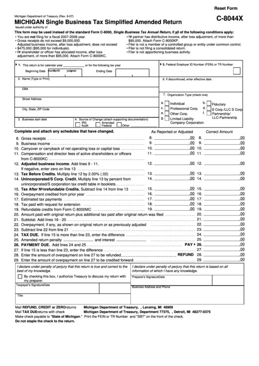 Fillable Form C-8044x - Michigan Single Business Tax Simplified Amended Return Printable pdf