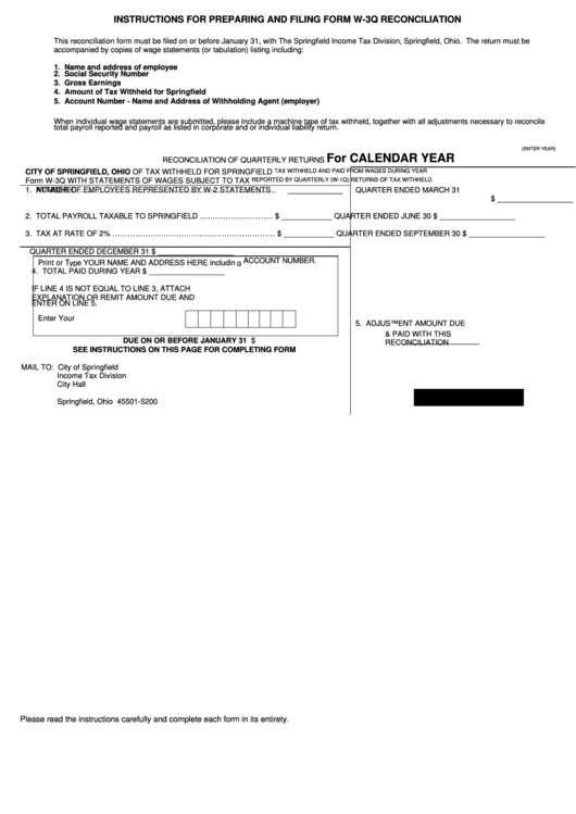 Instructions For Preparing And Filing Form W-3q Reconciliation - Springfield, Ohio Printable pdf