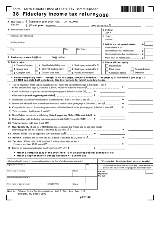 Fillable Form 38 - Fiduciary Income Tax Return - 2006 Printable pdf