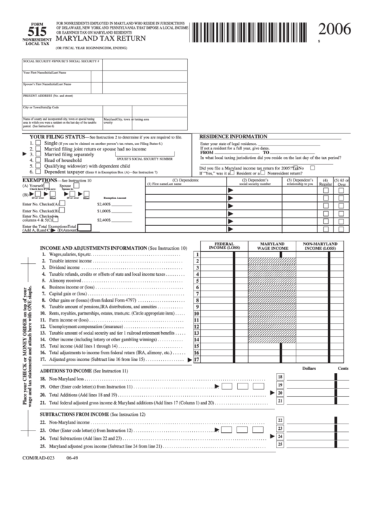 Fillable Form 515 - Maryland Tax Return - 2006 Printable pdf