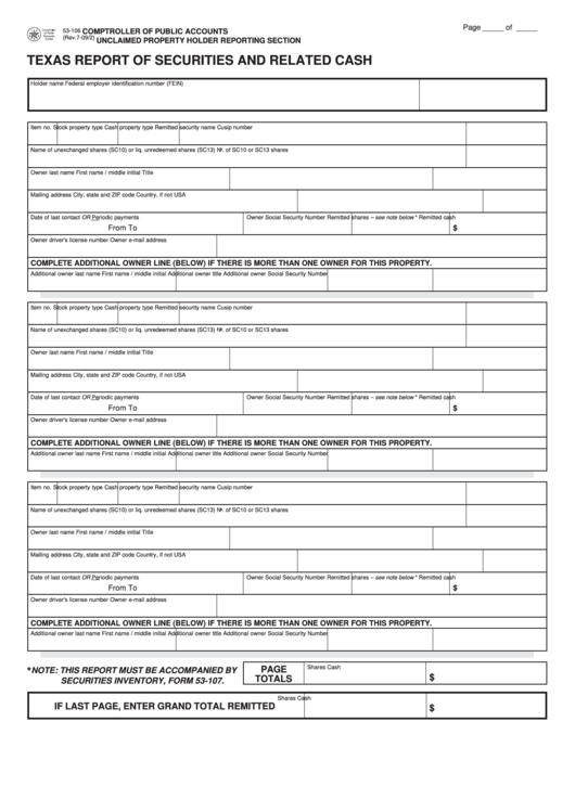 Fillable Texas Report Of Securities And Related Cash Form Printable pdf
