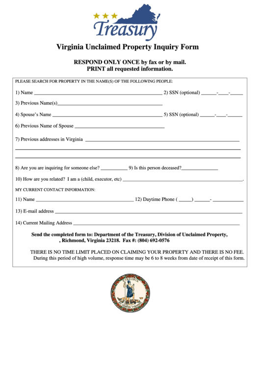 Virginia Unclaimed Property Inquiry Form Printable pdf