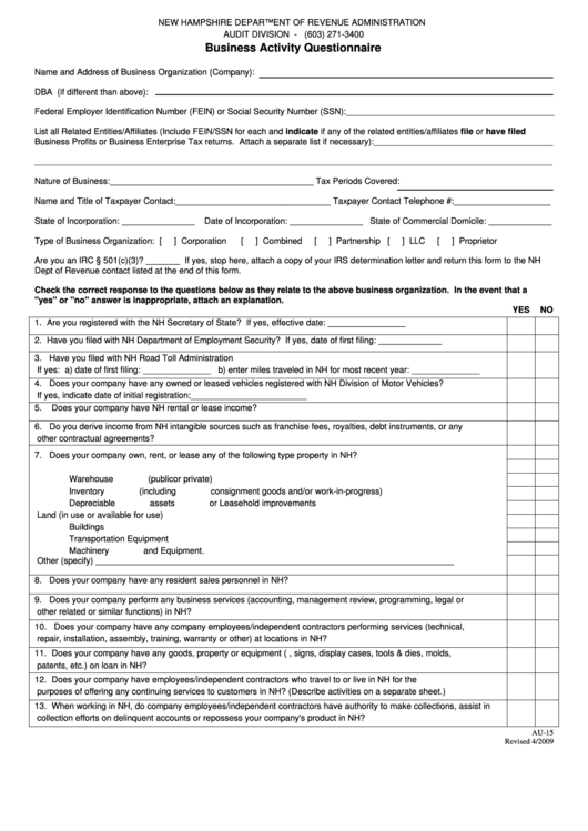 Business Activity Questionnaire Form - New Hampshire