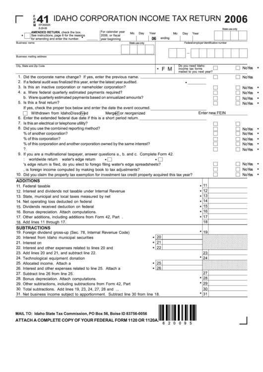 Form 41 - Idaho Corporation Income Tax Return - 2006 Printable pdf