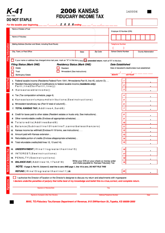 Form K-41 - Kansas Fiduciary Income Tax - 2006 Printable pdf