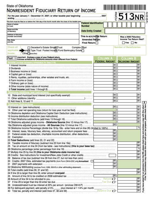Fillable Form 513nr - Oklahoma Nonresident Fiduciary Return Of Income - 2007 Printable pdf