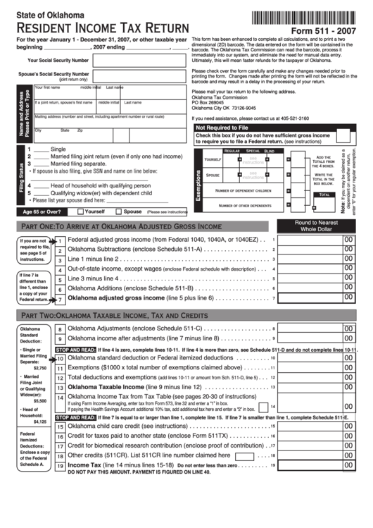 Fillable Form 511 Oklahoma Resident Income Tax Return 2007 