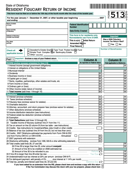 Fillable Form 513 - Resident Fiduciary Return Of Income - 2007 Printable pdf