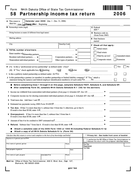 Fillable Form 58 - Partnership Income Tax Return - 2006 Printable pdf