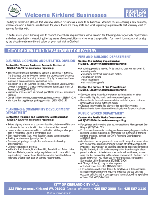 Business License Application Fee Worksheet - Kirkland Printable pdf