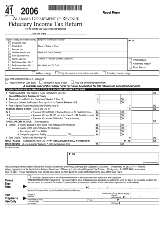 Fillable Form 41 - Fiduciary Income Tax Return - 2006 Printable pdf