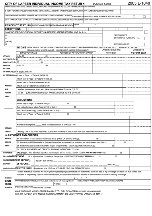 Form L-1040 - Individual Income Tax Return - City Of Lapeer - 2005 Printable pdf