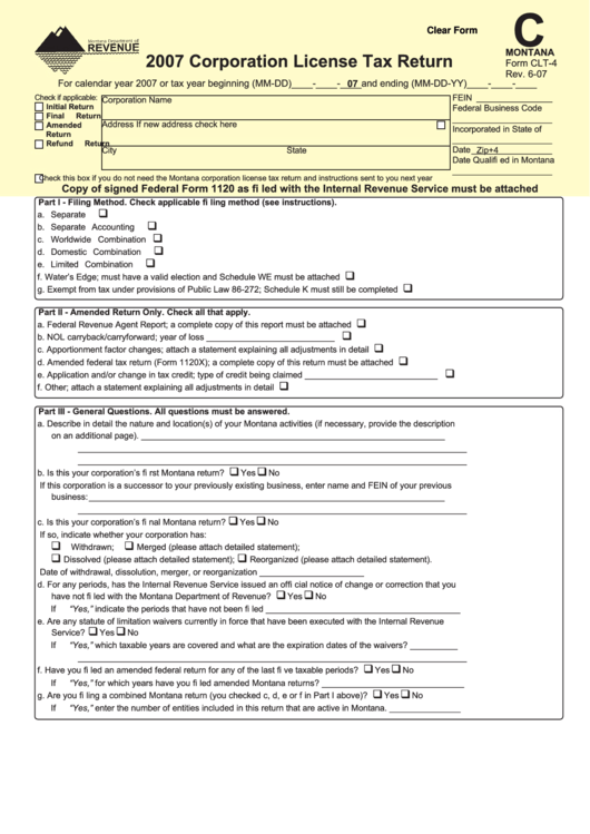 Fillable Form Clt-4 - Corporation License Tax Return - 2007 Printable pdf