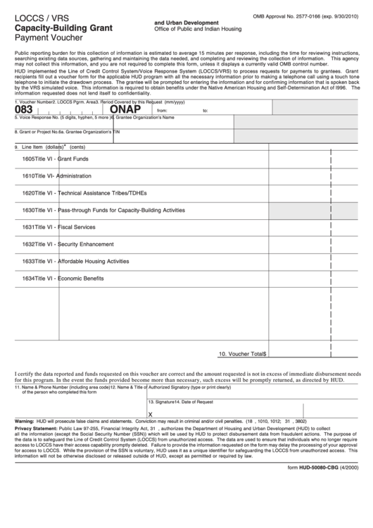 Fillable Form Hud-50080-Cbg - Loccs / Vrs Capacity-Building Grant Payment Voucher Printable pdf