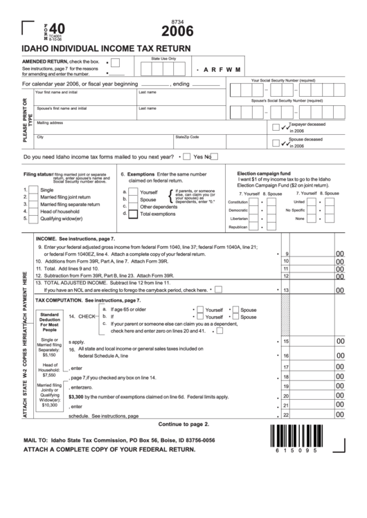 Fillable Form 40 - Idaho Individual Income Tax Return - 2006 Printable pdf