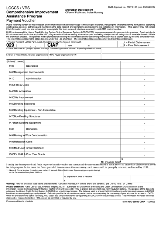 Fillable Form Hud-50080-Ciap - Loccs / Vrs Comprehensive Improvement Assistance Program Payment Voucher - 2000 Printable pdf