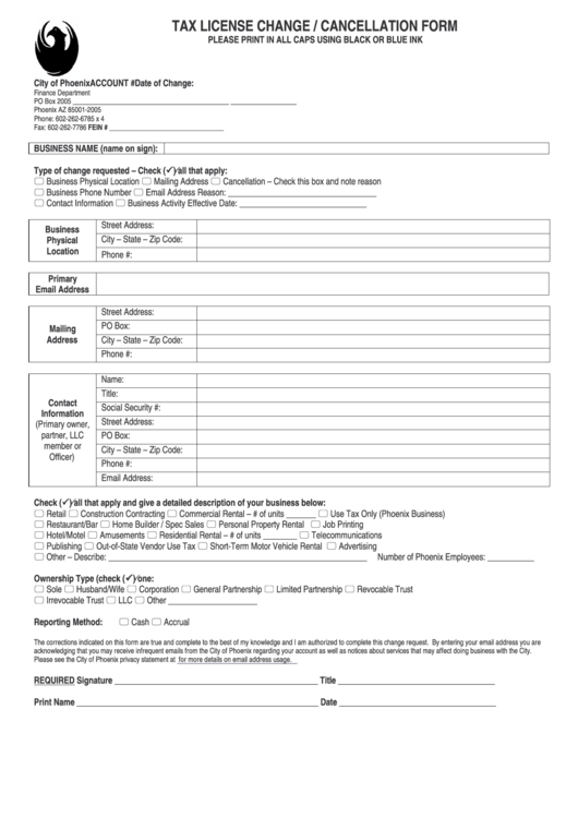 Tax License Change / Cancellation Form - City Of Phoenix printable pdf ...