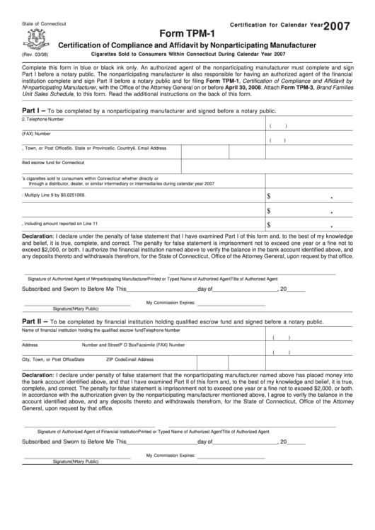 Form Tpm-1 - Certification Of Compliance And Affidavit By Nonparticipating Manufacturer - 2007 Printable pdf