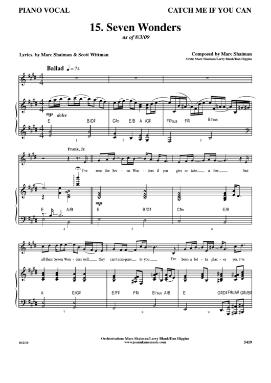 Seven Wonders Piano Vocal Sheet Music Printable pdf