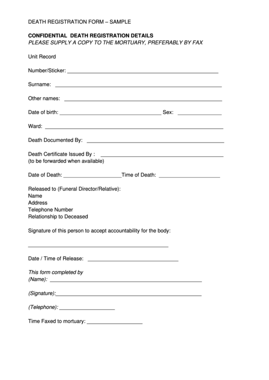 Death Registration Form - Sample Printable pdf