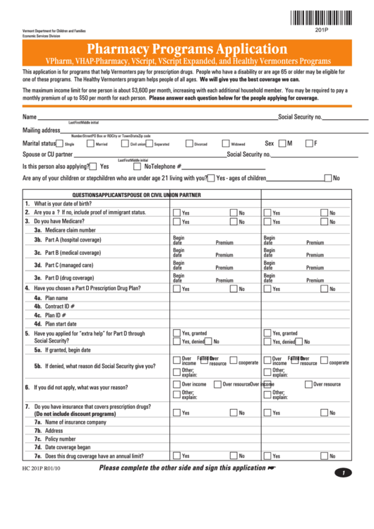 Form Hc 201p - Pharmacy Programs Application Form - Vermont Department For Children And Families Printable pdf