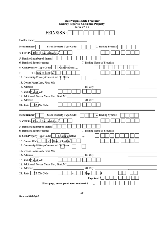 Fillable Form Up 8-9 - Security Report Of Unclaimed Property Printable pdf
