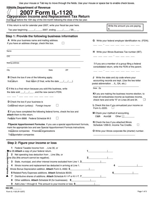 Fillable Form Il-1120 - Corporation Income And Replacement Tax Return - 2007 Printable pdf