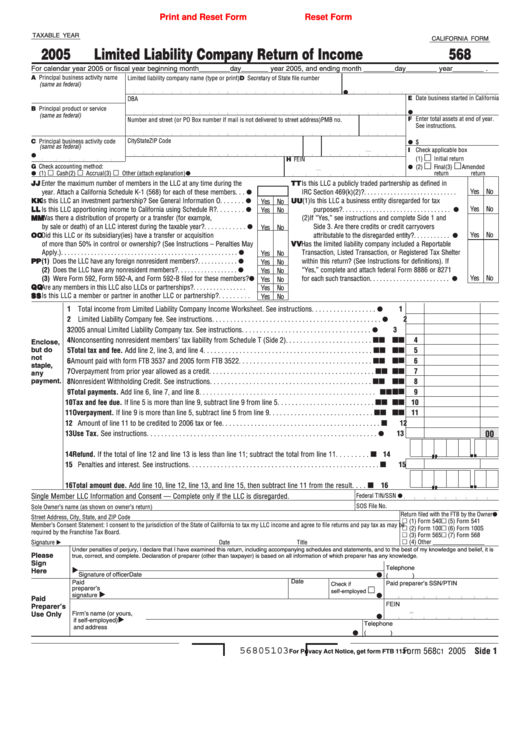 Fillable California Form 568 - Limited Liability Company Return Of Income - 2005 Printable pdf
