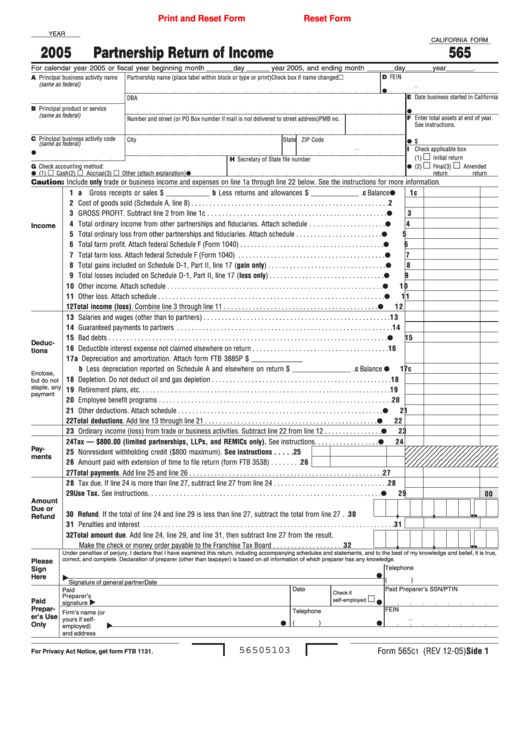 Fillable California Form 565 - Partnership Return Of Income - 2005 Printable pdf