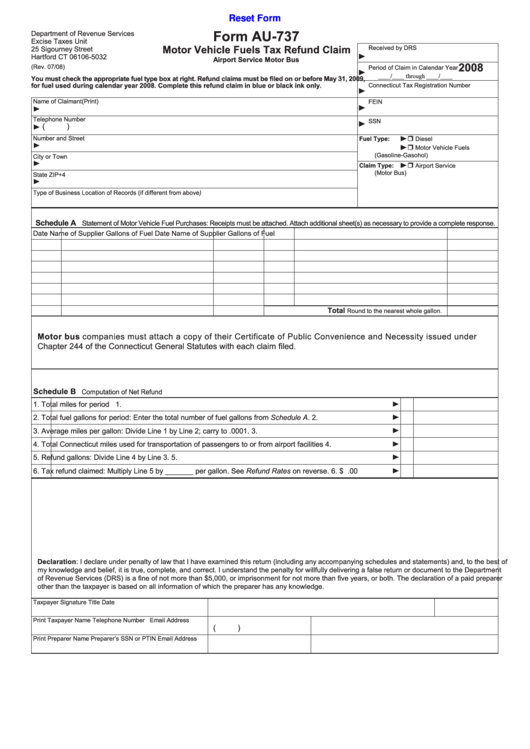 Fillable Form Au-737 - Motor Vehicle Fuels Tax Refund Claim - 2008 ...