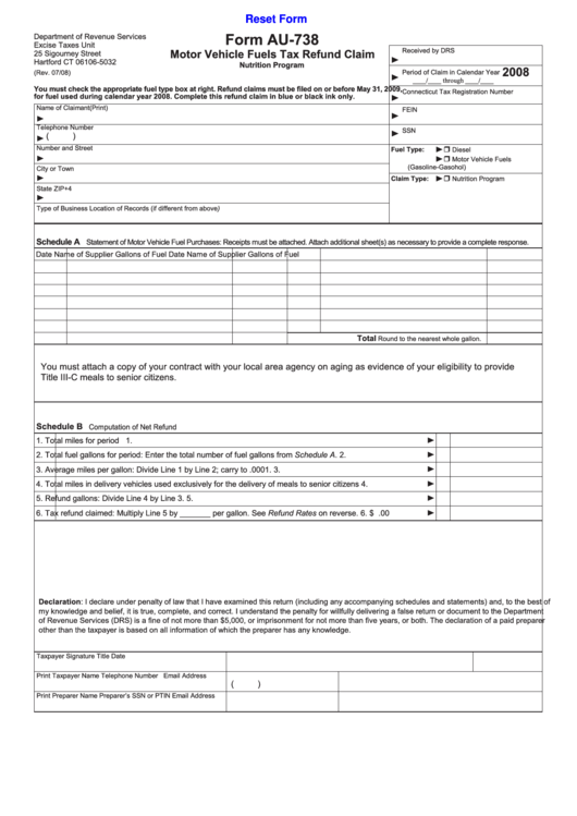 Fillable Form Au-738 - Motor Vehicle Fuels Tax Refund Claim - Nutrition Program - 2008 Printable pdf