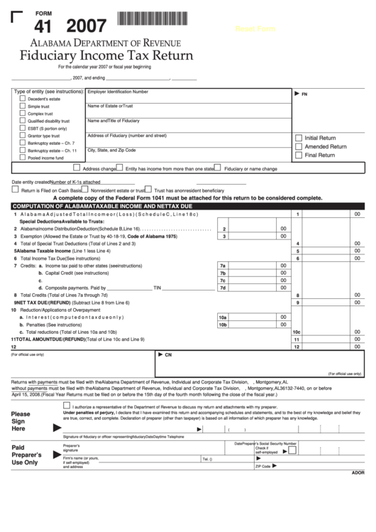 Fillable Form 41 - Fiduciary Income Tax Return - 2007 Printable pdf