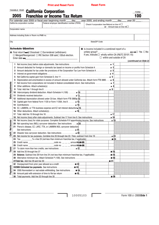 Fillable Form 100 - California Corporation Franchise Or Income Tax Return - 2005 Printable pdf