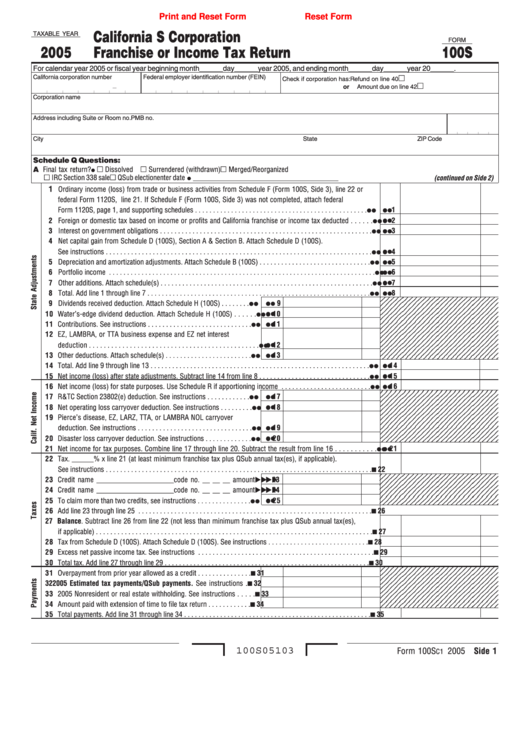 Fillable Form 100s - California S Corporation Franchise Or Income Tax Return - 2005 Printable pdf
