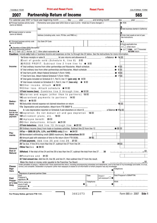 Fillable Form 565 - Partnership Return Of Income - 2007 Printable pdf