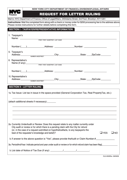 Request For Letter Ruling Form - New York City Finance Printable pdf